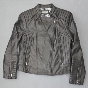Black Rivet Moto Jacket Wilson Leather Women's L Brown Asymmetrical Zipper Coat